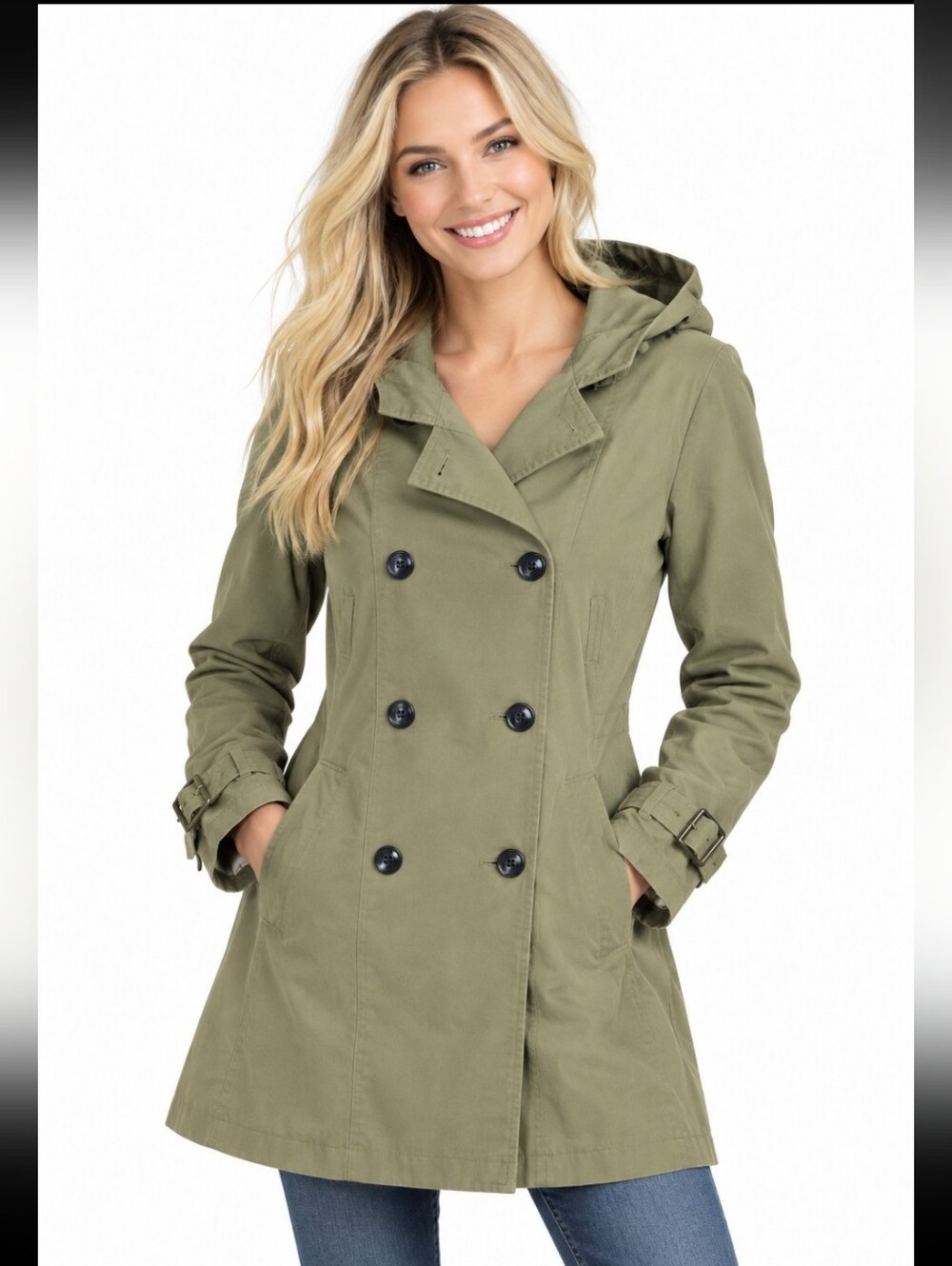 Women's H&M Olive Hooded Double-Breasted Trench Coat (Sz:small 6)